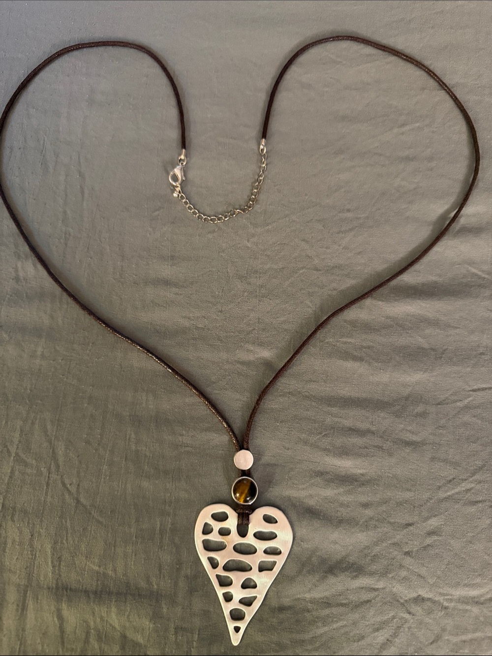 Brown Cord Heart long Pendant Necklace with Stone Accent